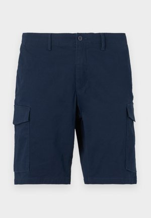 Mørkeblå cargo shorts lavet af bomuldsblanding; har to sidelommer, frontknaplukning og et afslappet design.
