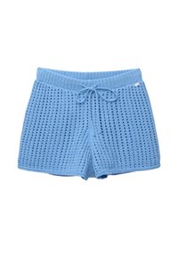 Pantalones cortos de punto de algodón en azul claro, con un tejido de trama abierta texturizada, una cintura acanalada y un cierre con cordón para un ajuste regulable.