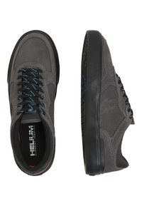 Gray suede shoes with black rubber soles, featuring blue and black laces, reinforced toe cap, and contrasting stitching on the upper.