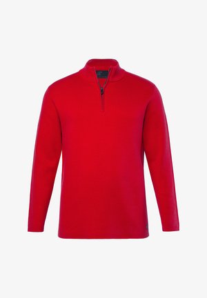 Czerwony, długi rękaw pulower wykonany z gładkiego dzianinowego materiału, z kołnierzem zapinanym na zamek do połowy oraz subtelnym akcentem z logo w dolnym lewym rogu.