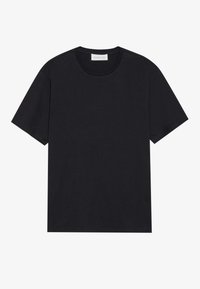 Sort bomulds T-shirt med rund halsudskæring, korte ærmer og en afslappet pasform. Glat tekstur, ingen synlige mønstre eller detaljer.