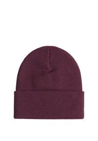 Berretto lavorato a maglia bordeaux con risvolto, realizzato in tessuto morbido e testurizzato, che offre una vestibilità aderente e un design semplice e classico.