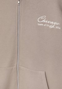 Sweat à capuche taupe zippé avec poches avant et texte brodé blanc « Chicago State of Illinois, USA » sur la poitrine gauche.