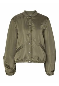 Olivgrön bomberjacka med dragkedja fram, två sidofickor och ribbade muddar. Tillverkad av glänsande, slätt tyg med en lätt vadderad textur.