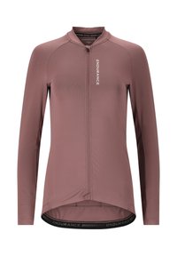Langdurige fietsshirt met lange mouwen in mauve, voorzien van een rits aan de voorkant, reflecterende tekst en een zwarte elastische tailleband met merknaam. Gladde, rekbare stof.