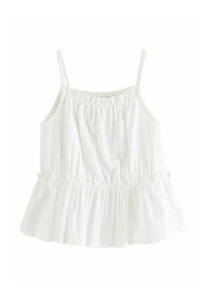 Biała bluzka bez rękawów z cienkimi ramiączkami, elastycznym dekoltem i talią oraz luźnym, marszczonym dołem w kształcie baskinki.