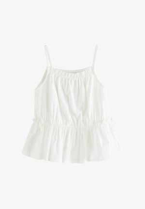 Bluza albă fără mâneci, cu bretele subțiri, decolteu și talie elasticizate, și tiv peplum lejer și adunat.