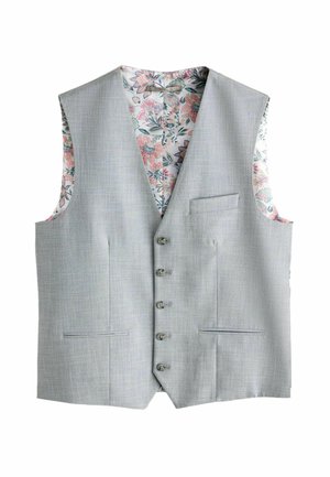 Világosszürke férfi mellény öt gombbal, rózsaszín, zöld és fehér árnyalatú virágmintás béléssel.