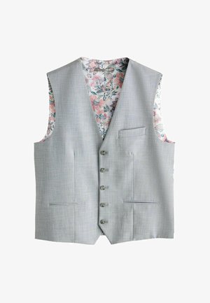 Világosszürke férfi mellény öt gombbal, rózsaszín, zöld és fehér árnyalatú virágmintás béléssel.