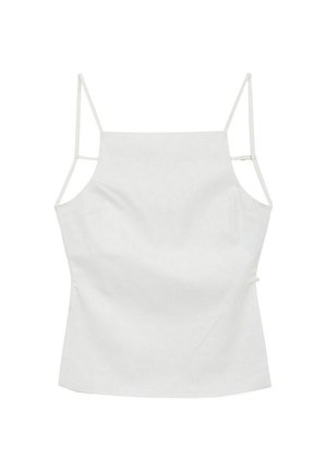 Top bianco senza maniche con sottili spalline regolabili e scollatura dritta, adagiato su uno sfondo bianco.