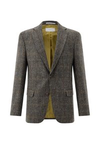 Hahnentritt-Wollblazer in Grau und Braun mit klassischem Revers, zwei Vordertaschen und einem grünen Satinfutter; Zweiknopfverschluss.