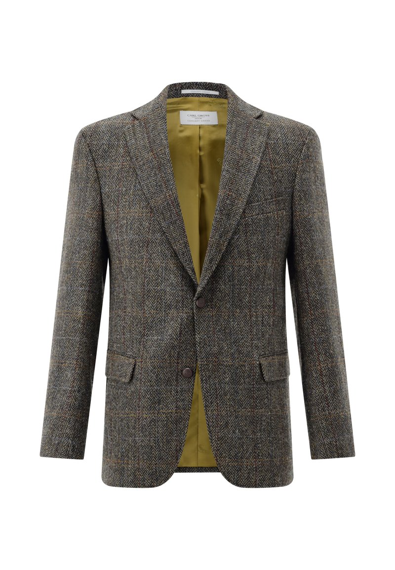 Hahnentritt-Wollblazer in Grau und Braun mit klassischem Revers, zwei Vordertaschen und einem grünen Satinfutter; Zweiknopfverschluss.