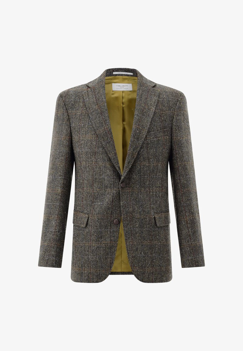 Hahnentritt-Wollblazer in Grau und Braun mit klassischem Revers, zwei Vordertaschen und einem grünen Satinfutter; Zweiknopfverschluss.