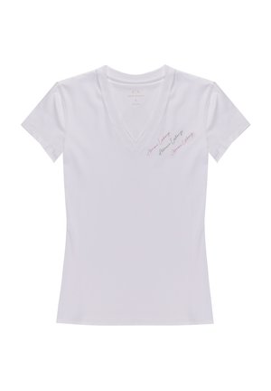 T-shirt bianco con scollo a V realizzato in cotone morbido. Presenta un testo stampato multicolore sulla parte sinistra del petto. Maniche corte e design aderente.