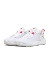 White athletic shoes with a textured mesh upper, pink accents on the laces and heel, and a lightweight white sole.