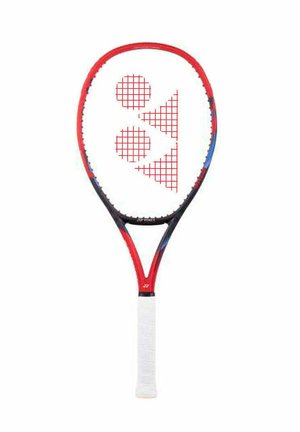 Roter und schwarzer Tennisschläger mit einem strukturierten weißen Griff und einem auffälligen Design mit roten Gittern aus Kreisen und Dreiecken auf den Bespannungen.