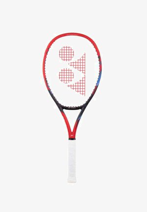 Roter und schwarzer Tennisschläger mit einem strukturierten weißen Griff und einem auffälligen Design mit roten Gittern aus Kreisen und Dreiecken auf den Bespannungen.