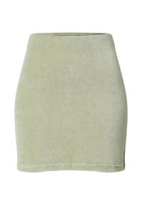 Jupe mini en velours côtelé vert avec une texture striée, un design ajusté et une taille lisse. Pas de fermetures ni d'ornements visibles.