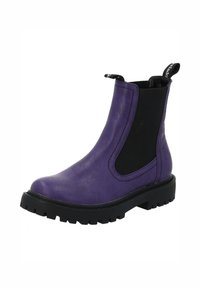 Lila Chelsea-Stiefel aus Leder mit schwarzen elastischen Seitenpaneelen, dickem, schwarzem Profilsohle und Stofflaschen zum Anziehen vorne und hinten.