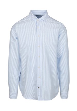 Lichtblauw gestreept overhemd met lange mouwen, een kraag met knopen, knopen aan de voorkant en een rechte zoom. Katoenen stof met een gladde textuur.