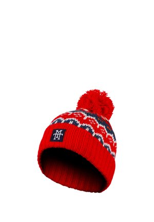 Red knit winter hat with white and blue zigzag pattern and pom-pom on top, featuring a black patch with white letters MTT.
