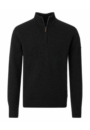 Dunkelgrauer Herrenstrickpullover mit gerippten Bündchen, Saum und kurzem Reißverschluss am hohen Kragen.