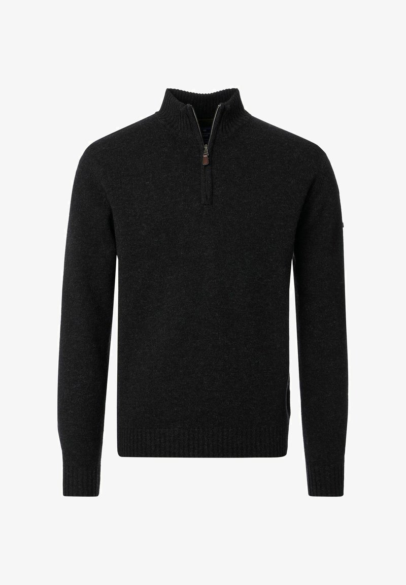 Herre-sweater i mørkegrå strik med ribbede ærmekanter, kant og en kort lynlås ved den høje krave.