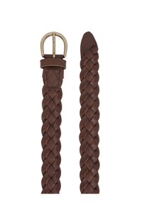 Καφέ πλεκτή δερμάτινη ζώνη με αγκράφα από μέταλλο σε χρυσό τόνο. Διαθέτει υφή με ανάγλυφο σχέδιο και λεπτό τελείωμα για πολυμορφικό στυλ.