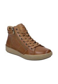 Baskets montantes en cuir marron avec surface texturée, à lacets sur le devant, détail de zip sur le côté et semelle en caoutchouc.