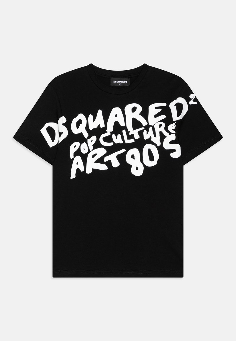 Schwarzes Baumwoll-T-Shirt mit auffälligem, weißem Text, der "DSQUARED2", "POP CULTURE" und "ART80S" in einer verspielten, unregelmäßigen Schriftart umfasst.