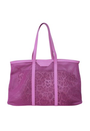 Grande borsa tote in rete rosa con due manici lunghi e rifinitura solida, che mostra un design spazioso con apertura superiore.