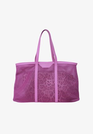 Grande borsa tote in rete rosa con due manici lunghi e rifinitura solida, che mostra un design spazioso con apertura superiore.