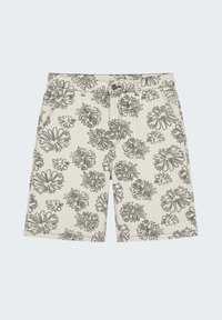 Shorts beige avec imprimé floral noir, poches avant, fermeture par bouton et passants pour ceinture.