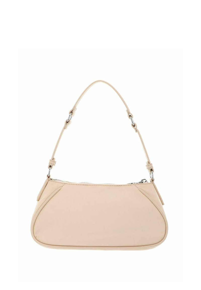 Beige leather shoulder handbag with a single adjustable strap and a top zipper closure.
