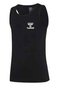 Zwarte mouwloze tanktop van katoen met een gladde textuur. Heeft een klein wit logo gecentreerd op de borst. Strak ontwerp.