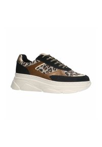 Leopard-print sneaker with black suede and brown accents, featuring a chunky white sole and metallic laces for added detail.