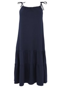 Marineblaues ärmelloses Kleid mit verstellbaren Trägern, das ein gestuftes Design mit unterschiedlichen Längen und einer weichen, glatten Textur aufweist.