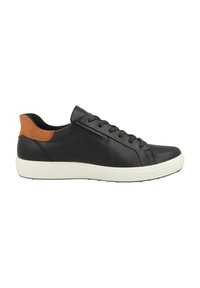 Sneakers in pelle nera con una parte superiore liscia e un accento marrone sul tallone. Suola in gomma bianca con un motivo testurizzato per una presa ottimale. Chiusura con lacci regolabile.