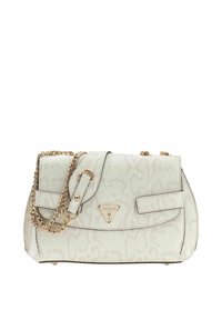 Sac à main blanc à texture peau de serpent avec ferrures dorées, doté d'une bandoulière en chaîne et d'une fermeture à rabat. Logo affiché de manière visible.