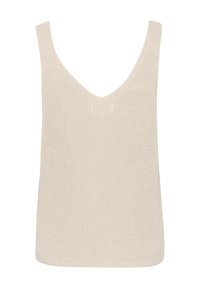 Knit ujjatlan felső világos bézs színben, széles kerek nyakkivágással és textúrált mintával. Egyenes derékkal és oldalsó varratokkal rendelkezik.