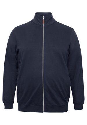 Mornarska zip-up dukserica od pamučne mješavine, koja ima visoki ovratnik, duge rukave, rebraste naramenice i donji rub, te suptilan detalj logotipa.
