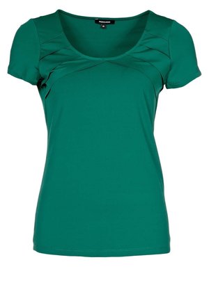 Groen damesshirt met korte mouwen, een ronde hals en geplooide details bij de schouders, maat 36.