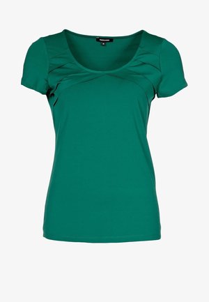 Haut vert à manches courtes pour femmes avec encolure arrondie et détails plissés près des épaules, taille 36.