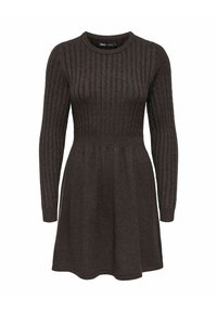 Mørkebrun langermet kjole med ribbestruktur, rund hals og utsvingt skjørt. Laget av strikket materiale for ekstra varme.