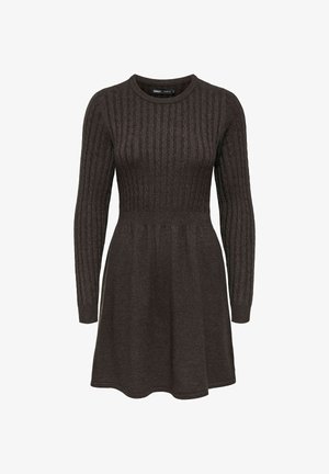 Tamsiai ruda ilgomis rankovėmis suknelė su rievėta faktūra, apvali iškirpte ir platėjančia sijono dalimi. Pagaminta iš megztos medžiagos, skirta papildomam šilumui.
