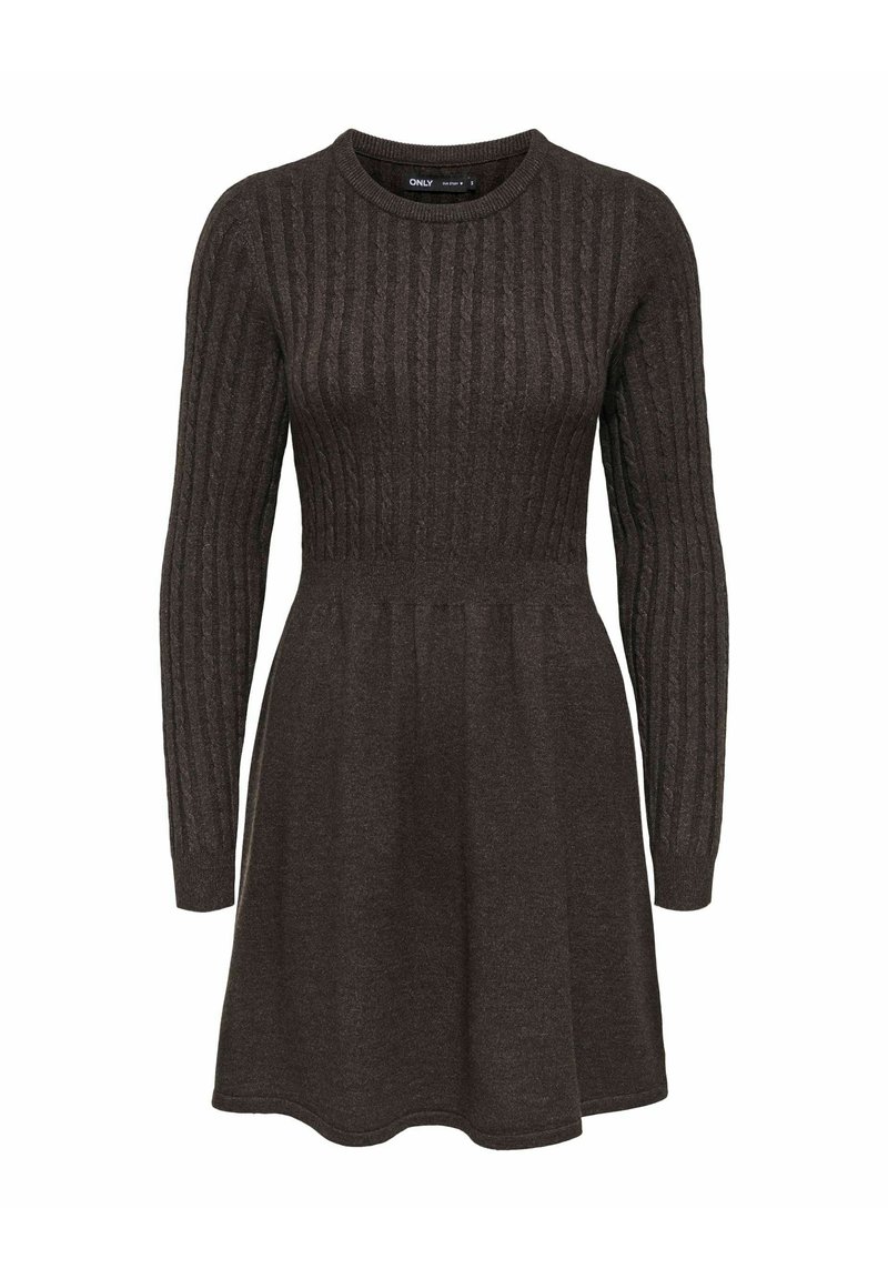 Mørkebrun langermet kjole med ribbestruktur, rund hals og utsvingt skjørt. Laget av strikket materiale for ekstra varme.
