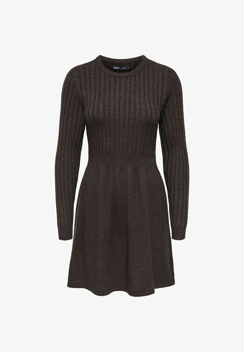 Mørkebrun langermet kjole med ribbestruktur, rund hals og utsvingt skjørt. Laget av strikket materiale for ekstra varme.