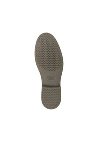 Gray rubber shoe sole with textured pattern and logo. Features raised hexagonal dots for grip and a smooth area at the arch.