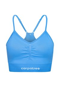 Blue sports bra with adjustable straps, seamless design, ruched front detail, and a wide, elastic band featuring logo text.