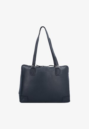 Navy leather tote bag with two top handles, zip closure, and rectangular shape. Features minimalist design and subtle branding on the front.